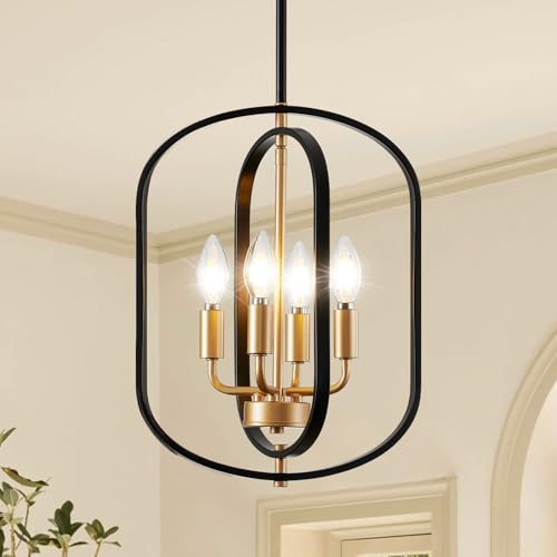 4-Light Black and Gold Farmhouse Chandelier for Dining Room Entryway Pendant Light Fixture