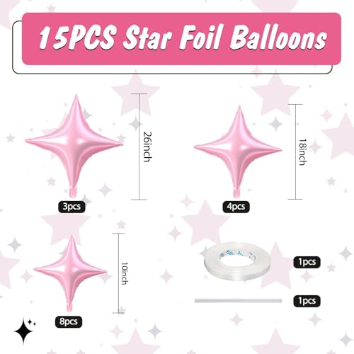 Pink Star Balloon,15Pcs Pink Star Foil Balloon,26/18/10 Inch Quadrangle Helium Balloons for Valentine's Day Graduation Wedding Birthday Prom Anniversary Baby Shower Party Decorations