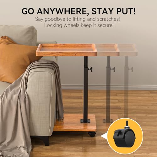 Adjustable Height Swivel C-Shaped Side Table with Wheels for Couch Bed or Living Room