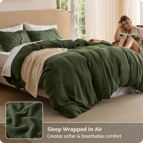 Bedsure Cotton Muslin Duvet Cover Set Queen Olive Green No Comforter