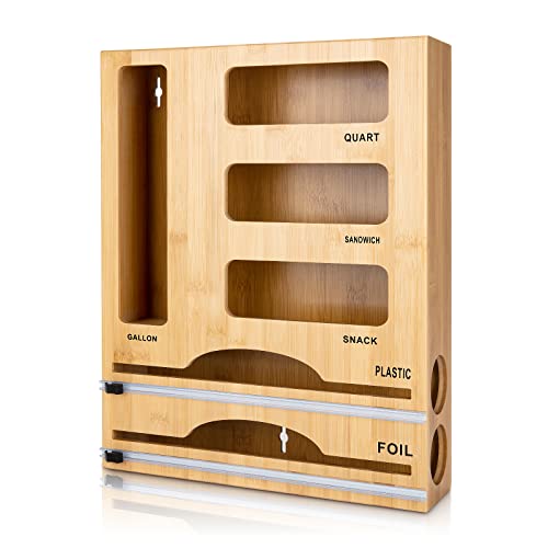 Kitchen Food Wrap & Bag Storage Organizer with Cutter, Bamboo 6-in-1
