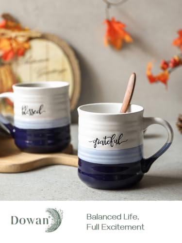 Blue DOWAN 20oz Large Coffee Mug with 'Blessed & Grateful' Word Print - Set of 2, Porcelain Gift for Mom Dad