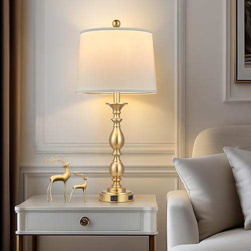 MOUVOVO 28-inch Gold Set of 2 Modern Touch Bedside Table Lamps with USB & Outlet, Farmhouse Nightstand Lamps for Bedroom & Living Room - Includes 2 LED Bulbs