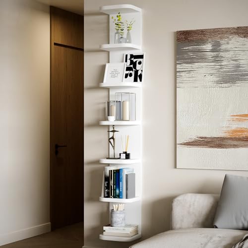 7 Tier Wall Shelf Unit - White Floating Shelves with Curved Edges for Storage & Display