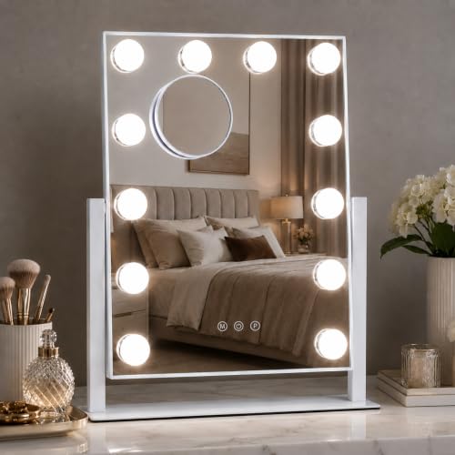 ZBOCAI Dimmable Vanity Mirror with Lights 12 Bulbs 16.4 x 13.1 inch - White Hollywood Makeup Mirror with Detachable 10X Magnifier