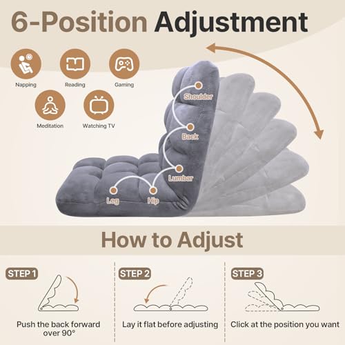 Grey Folding Floor Chair with Back Support & Adjustable 0-90° Recline