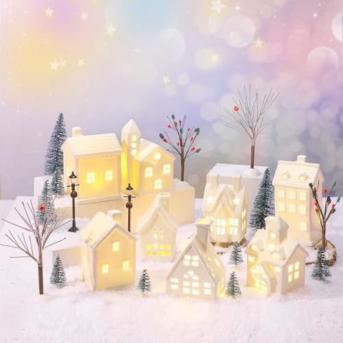 Tioncy 26-Piece Ceramic Christmas Village Set with Trees, Lights & Decor