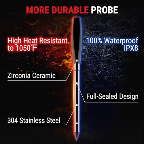 Wireless Meat Thermometer 1000ft RF Digital with 2 Probes - Waterproof & Color-Coded