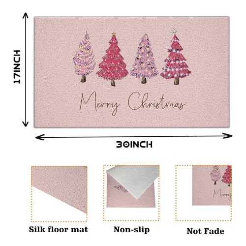 Nogrit Pink Christmas Tree Decor Floor Mat 17x30 Inch Anti-slip PVC Holiday Entryway