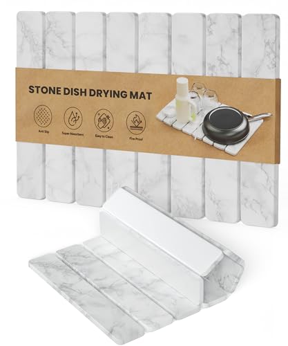 Diatomaceous Earth Drying Mat - Collapsible Stone Dish Drying Pad - White Marble Variation