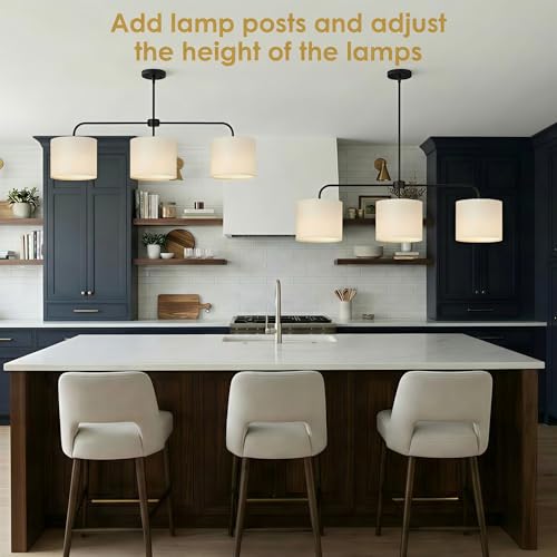 3-Light Black Linear Pendant Light with Linen Beige Drum Shades - Modern Kitchen Island & Dining Room Fixture - Scyvenra 3 Light-Black Variant