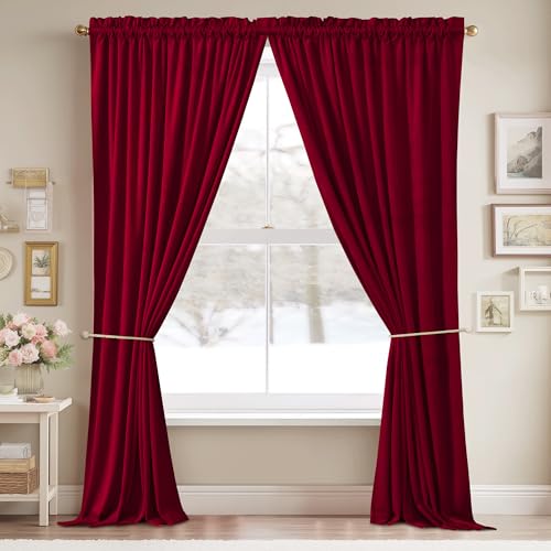 Autumn Series Red Velvet Theater Curtains - 2 Panels, 52W x 84L, Fall Decor