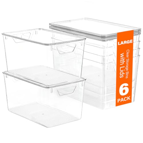 Large Clear Storage Bins with Lids - 6 Pack, 11.4 x 7.5 x 6 Inches Pantry Organizer