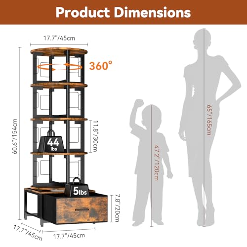 5-Tier Rotating Bookshelf Tower with Storage - Rustic Brown, Brown Variation