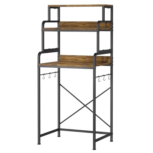 MILEFA Rustic Brown 4-Tier Mini Fridge & Microwave Stand with Side Hooks
