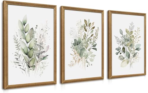 Sage Green Botanical Wall Art Set of 3 - Framed Watercolor Eucalyptus Canvas Prints, 16x24 Inches