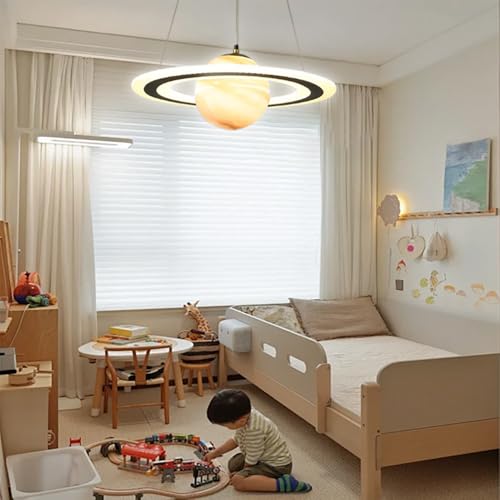Orange Kid's Planet Glass Pendant Light - Creative Dimmable LED Chandelier for Children's Room