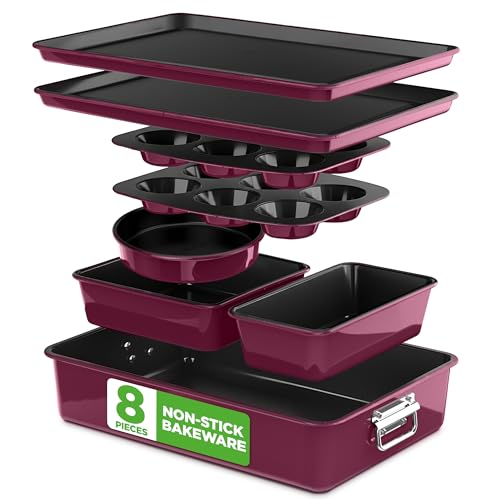 NutriChef Purple 8-Piece Nonstick Bakeware Set - Oven Safe & Stackable