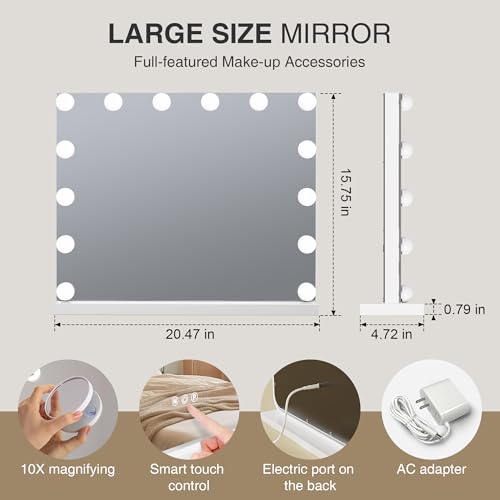 Vanity Makeup Mirror with Lights - 3 Color Modes, Dimmable LED, 10X Magnification, White, 15.7"L x 20.5"W