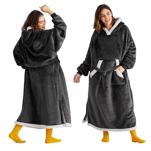 Bedsure Charcoal Wearable Blanket Hoodie for Adults, Long Sherpa Sweatshirt, Cozy Gift for Women