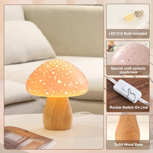 BOHON Pink Mushroom Ceramic Bedside Table Lamp with Warm White LED Bulb