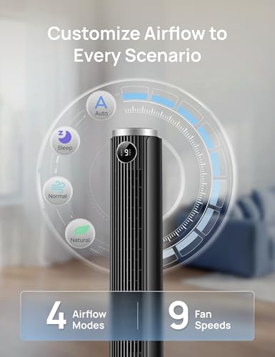 DREO Smart Tower Fan for Bedroom - Black, 40-45 Inch Adjustable Height, 9 Speeds