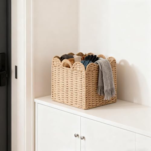 Set of 4 Scalloped Wicker Storage Cubes - 13x13x13in Khaki, Heavy Duty Paper Rope Baskets for Shelves, Bathroom, Bedroom, Laundry, Pantry