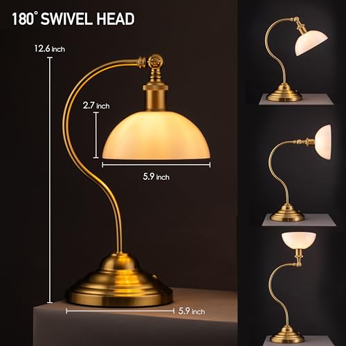 O'Bright Cordless LED Table Lamp Antique Brass-White Glass, Rechargeable, 3-Level Dimming