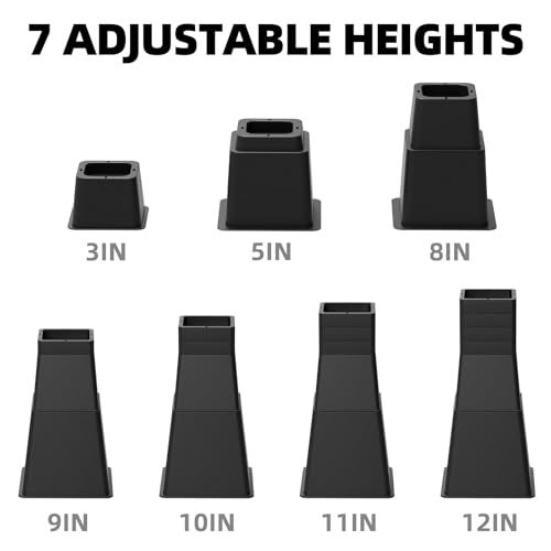 VANITURE 12-Inch Heavy Duty Adjustable Bed Risers Set of 4, Black, Supports up to 1500 lbs