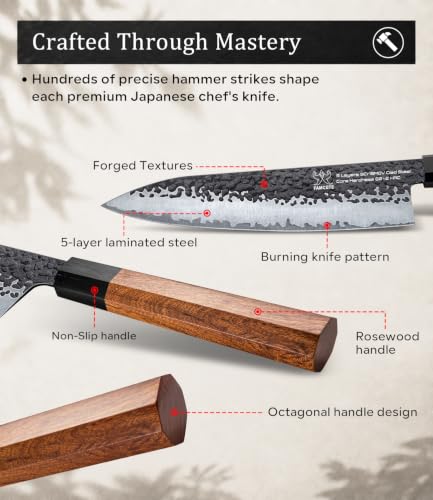 8-Inch Japanese Chef Knife - Hand Forged Sharp Kitchen Knife with Rosewood Handle