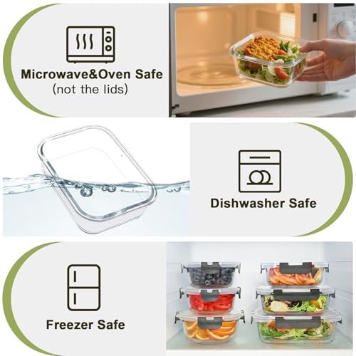 BAYZZ 15-Pack Gray Glass Food Storage Containers Set with Airtight Lids
