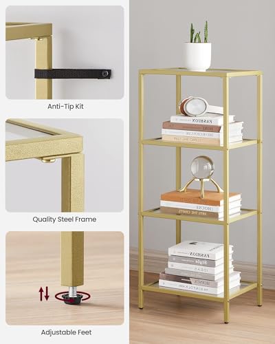VASAGLE Gold 4-Tier Glass & Steel Bookshelf, Modern Narrow Bookcase