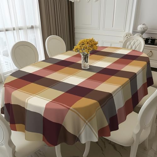 Brown Plaid Oval Tablecloth 60x102 Inch Waterproof Washable Fall Christmas Decor