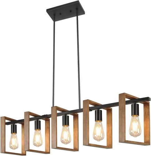 Brightever Wood Farmhouse Kitchen Island Light 5-Light Adjustable Pendant, Rustic Black Finish