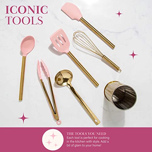 Paris Hilton 7-Piece Kitchen Utensil Set with Silicone Tools & Stainless Steel Crock, Pink & Gold