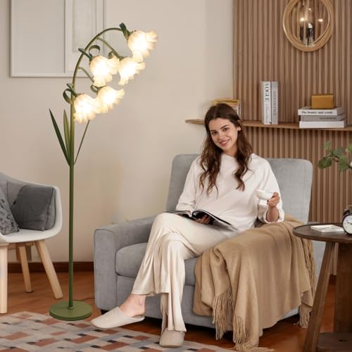 Green & White Flower Floor Lamp with 5 LED Bulbs, Adjustable Arc Standing Light for Living Room & Bedroom