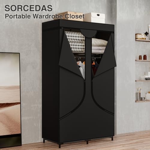 34 Inch Black Wardrobe Closet with Hanging Rods and Shelves - Large Capacity Storage