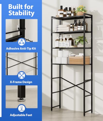 Over-the-Toilet Bathroom Organizer Rack with 4 Tiers, Adjustable Feet - Black