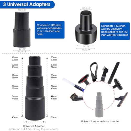 Universal Vacuum Attachments & Hose Adapters Kit - 15 Pieces, 2 1/2" to 1 1/4"