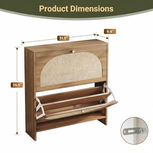 Nicetree Caramel Walnut Rattan Shoe Cabinet with 2 Flip Drawers, Slim Entryway Organizer