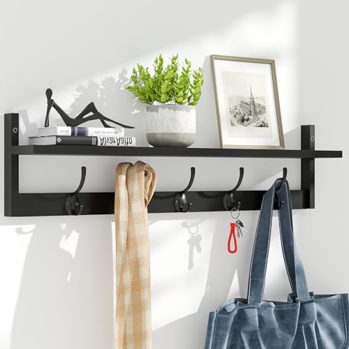 Wall-Mounted Shelf with Hooks - 28.9 Inch Entryway Hanging Storage Black - Variation of Black-28.9IN