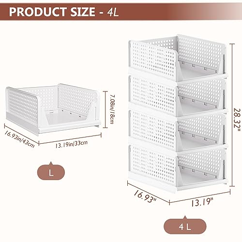 4 Pack Folding Closet Organizers Storage Bins - Stackable Plastic Drawer Baskets - White 4L - Variation of THIS listing