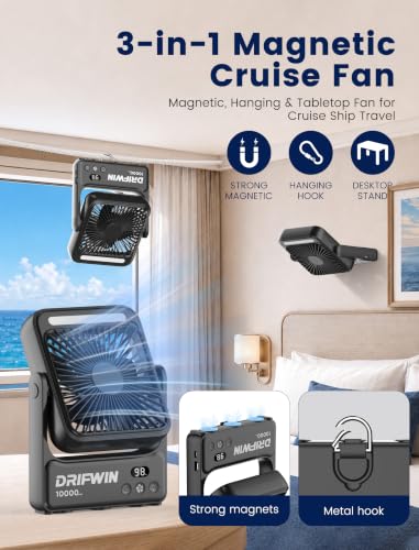 Magnetic Cruise Approved Portable Fan with Night Light, 10000mAh Travel Fan - 4 Speeds, USB Rechargeable, Compact & Quiet