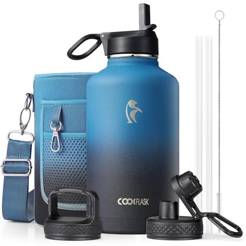 Coolflask Samurai Cyan 64oz Insulated Water Bottle with Straw & 3 Leakproof Lids