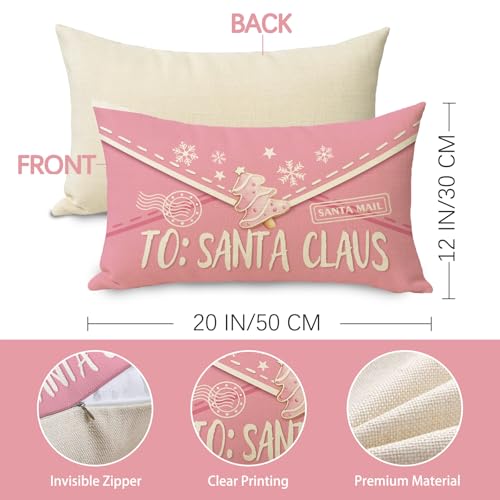 Fjfz 20x12 Inch Pink Christmas Lumbar Pillow Cover Santa Mail Decor