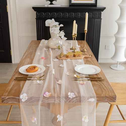 Romantic Artificial Floral Table Runner 10ft Gauze Tulle Lace Table Runner Set for Wedding Baby Shower Bridal Shower Holiday Kitchen Dining Table Decoration for Home Party Special Occasion