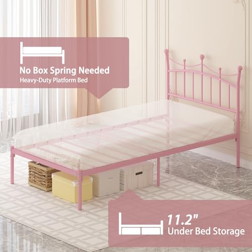 Pink Twin Bed Frame for Kids with Crown Headboard - Merronix Light Pink Twin Size Bed