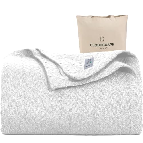 King Size Cotton Blanket - White Herringbone Summer Bed Blanket 108x92 - Soft & Breathable