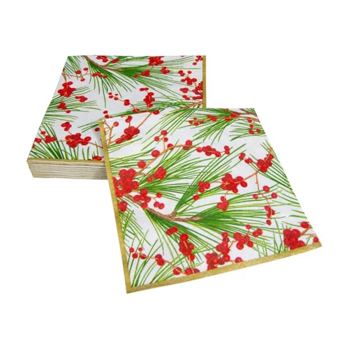 Caspari Christmas Berries and Pine Paper Luncheon Napkins - Holiday Party Supplies, 20 Pack
