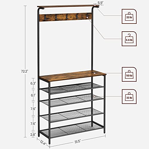 VASAGLE 31.5W Hall Tree with Shoe Bench, 5-Tier Shoe Rack & Dual Hooks, Rustic Brown & Black